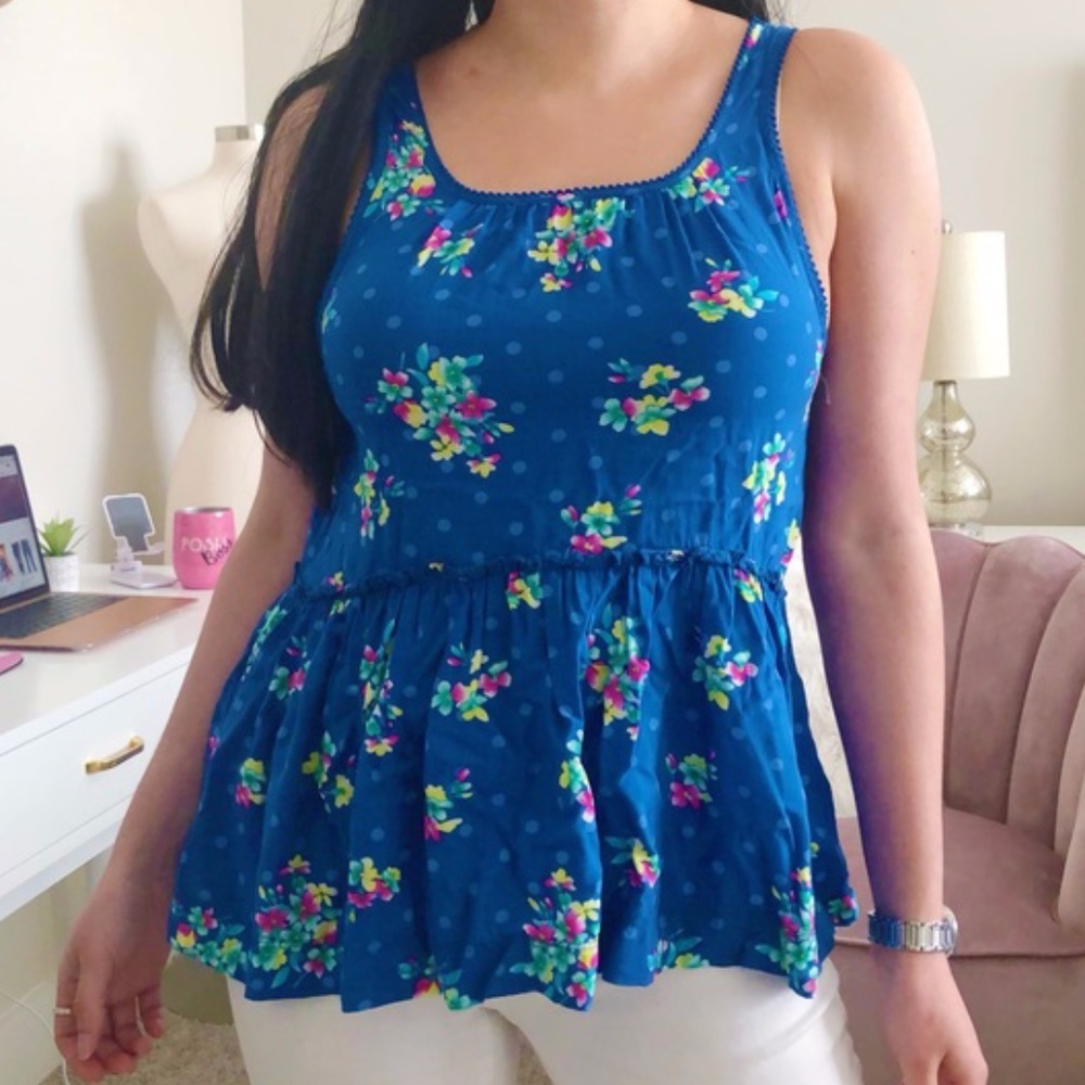 Hollister Blue Floral Tank Top With Open Back S